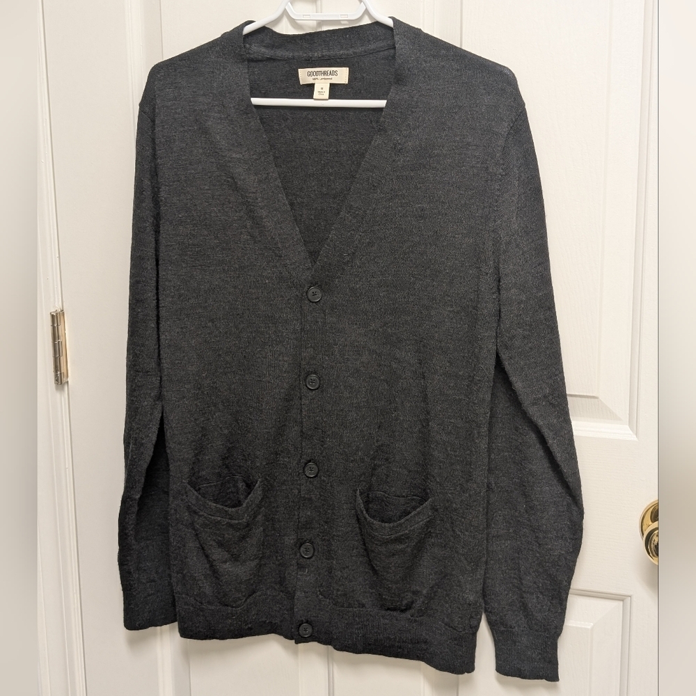 Goodthreads 100% Wool Men’s Button-Up Cardigan – Medium, Dark Grey